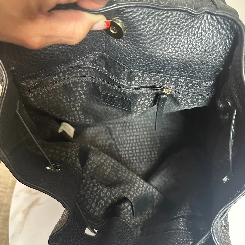 Kate Spade New‎ York Black Pebbled Leather Flap Drawstring Backpack